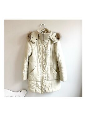 TALLY HO OUTERWEAR CREAM PUFFER COAT POCKETS BUTTONS STORM CUFFS DETACHABLE HOOD